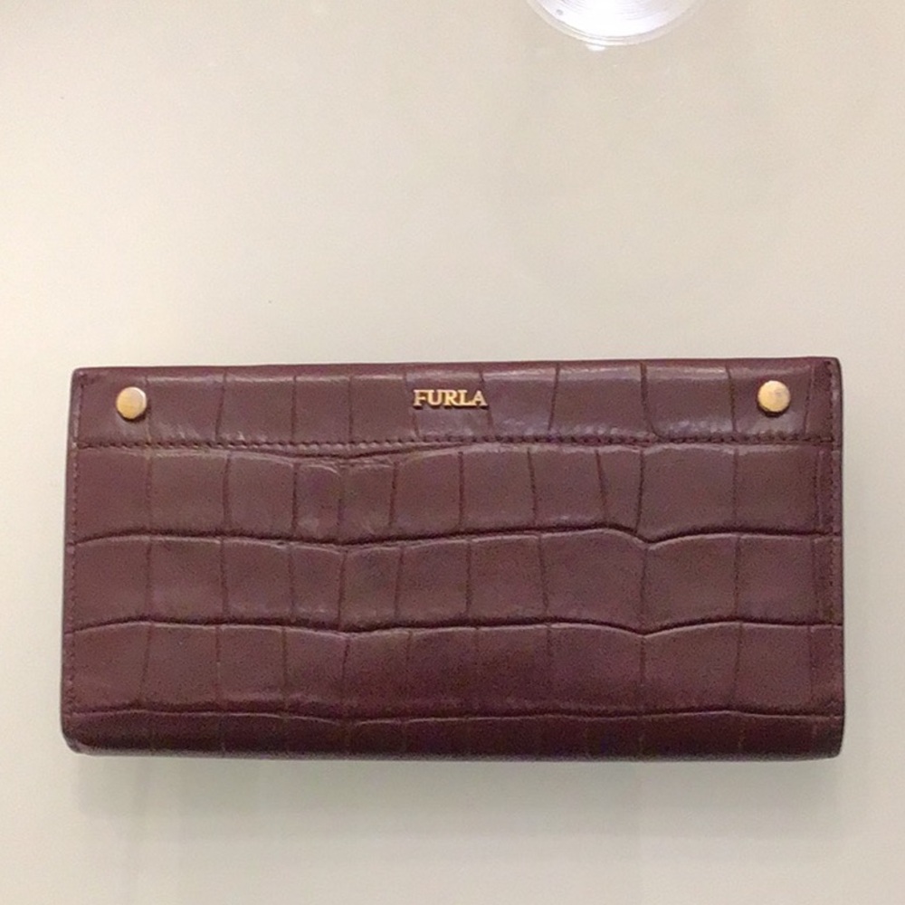 Furla Burgundy crocodile Wallet with Gold Accents